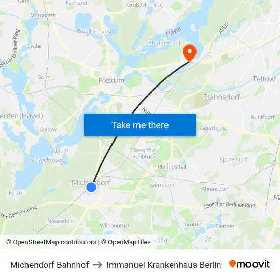 Michendorf Bahnhof to Immanuel Krankenhaus Berlin map