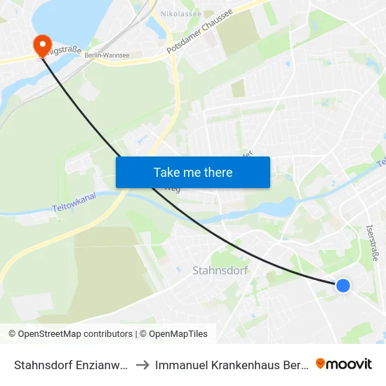 Stahnsdorf Enzianweg to Immanuel Krankenhaus Berlin map
