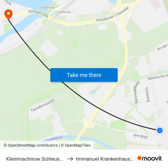 Kleinmachnow Schleusenweg to Immanuel Krankenhaus Berlin map