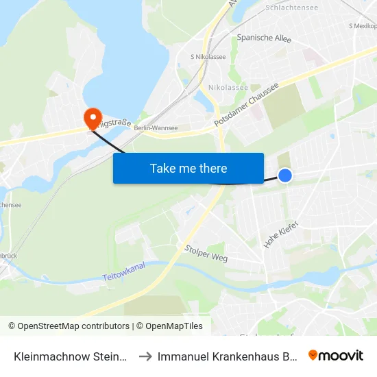 Kleinmachnow Steinweg to Immanuel Krankenhaus Berlin map