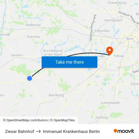 Ziesar Bahnhof to Immanuel Krankenhaus Berlin map