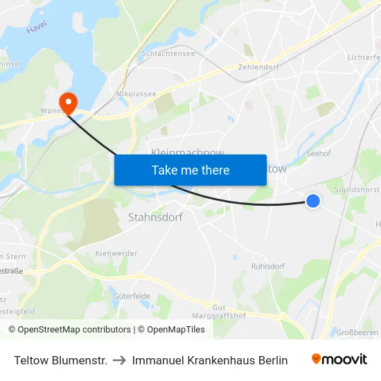 Teltow Blumenstr. to Immanuel Krankenhaus Berlin map