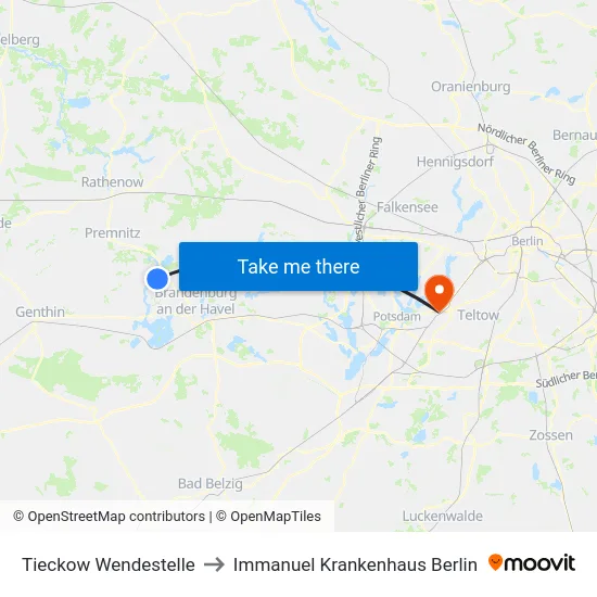 Tieckow Wendestelle to Immanuel Krankenhaus Berlin map