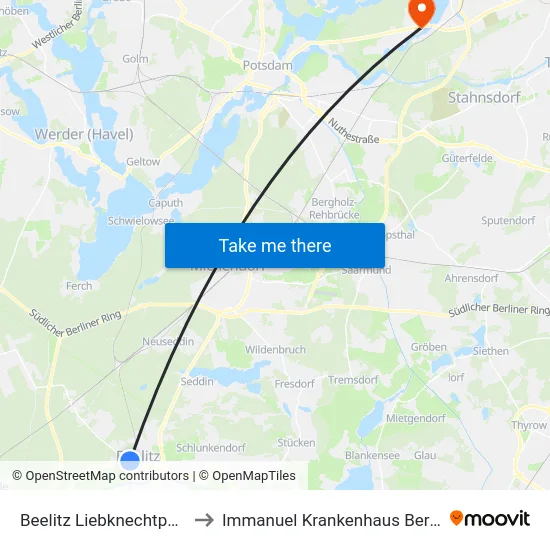 Beelitz Liebknechtpark to Immanuel Krankenhaus Berlin map
