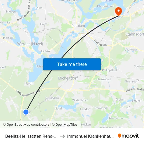 Beelitz-Heilstätten Reha-Kliniken to Immanuel Krankenhaus Berlin map