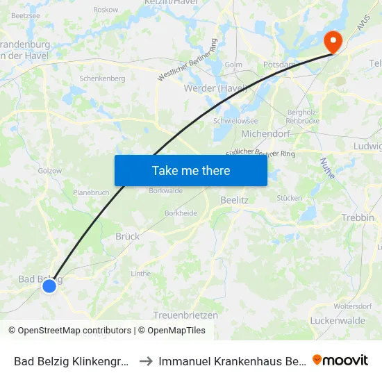 Bad Belzig Klinkengrund to Immanuel Krankenhaus Berlin map