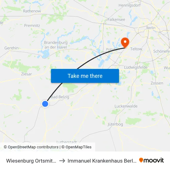 Wiesenburg Ortsmitte to Immanuel Krankenhaus Berlin map
