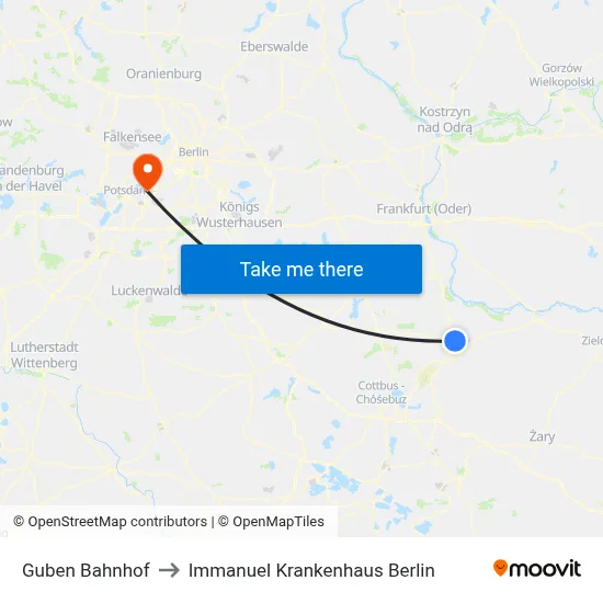 Guben Bahnhof to Immanuel Krankenhaus Berlin map