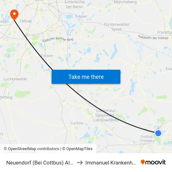 Neuendorf (Bei Cottbus) Alter Bahnhof to Immanuel Krankenhaus Berlin map