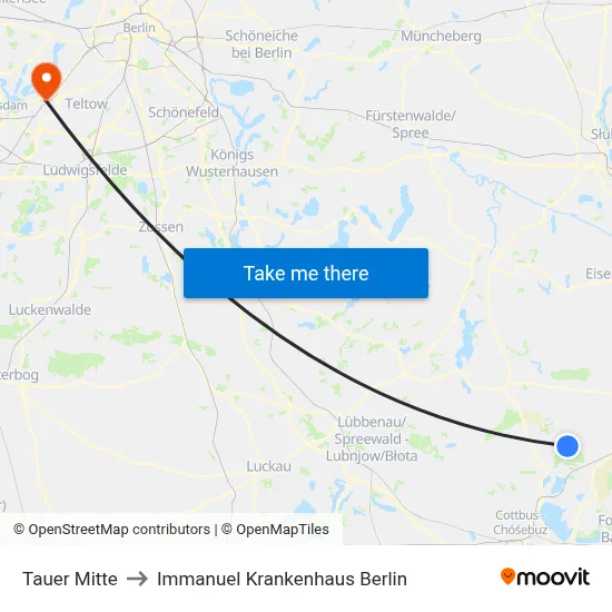 Tauer Mitte to Immanuel Krankenhaus Berlin map