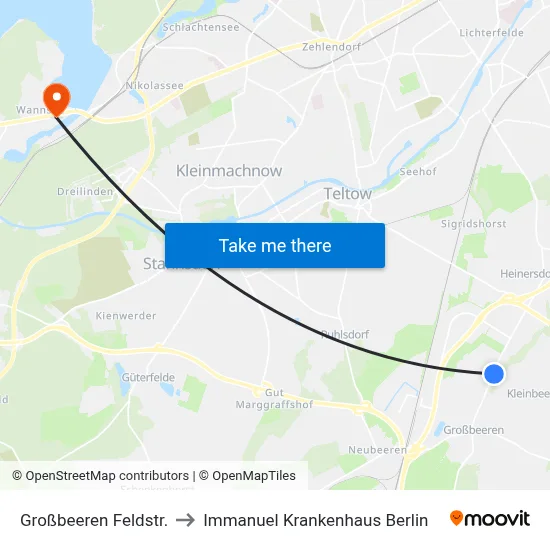 Großbeeren Feldstr. to Immanuel Krankenhaus Berlin map