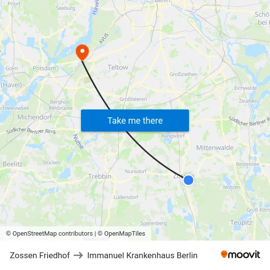 Zossen Friedhof to Immanuel Krankenhaus Berlin map