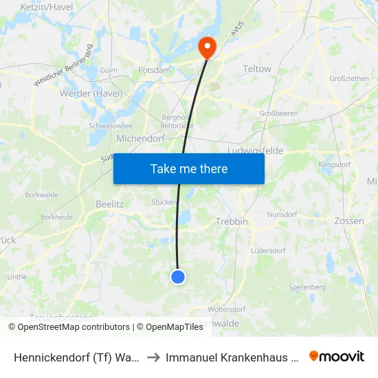 Hennickendorf (Tf) Waldstr. to Immanuel Krankenhaus Berlin map