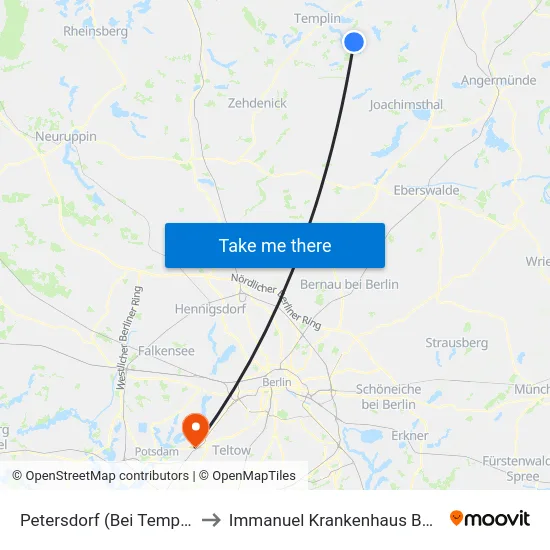 Petersdorf (Bei Templin) to Immanuel Krankenhaus Berlin map