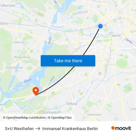 S+U Westhafen to Immanuel Krankenhaus Berlin map