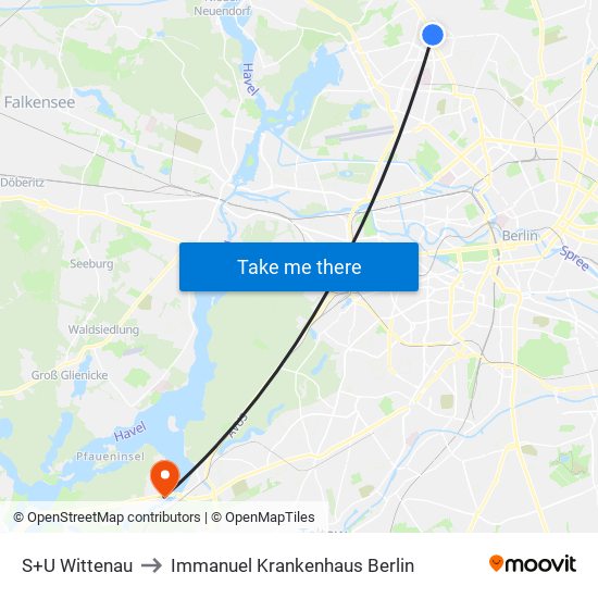 S+U Wittenau to Immanuel Krankenhaus Berlin map