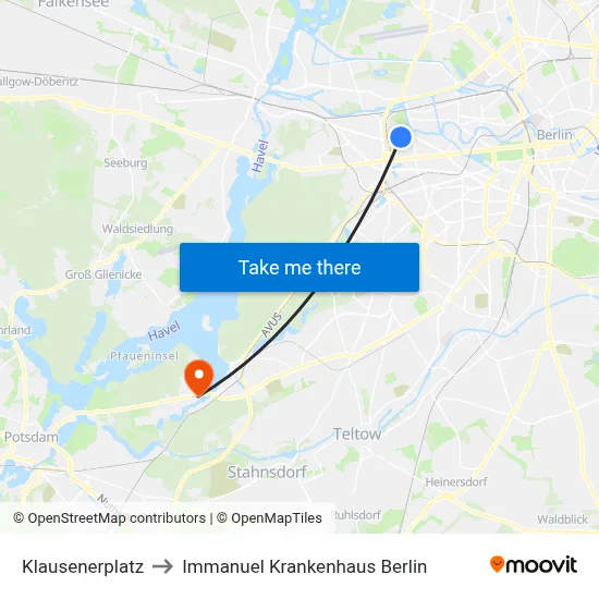 Klausenerplatz to Immanuel Krankenhaus Berlin map