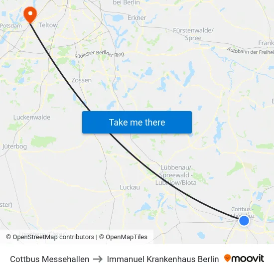 Cottbus Messehallen to Immanuel Krankenhaus Berlin map