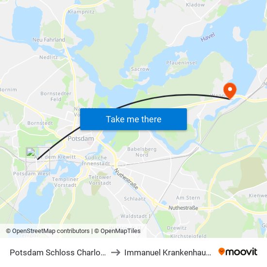 Potsdam Schloss Charlottenhof to Immanuel Krankenhaus Berlin map