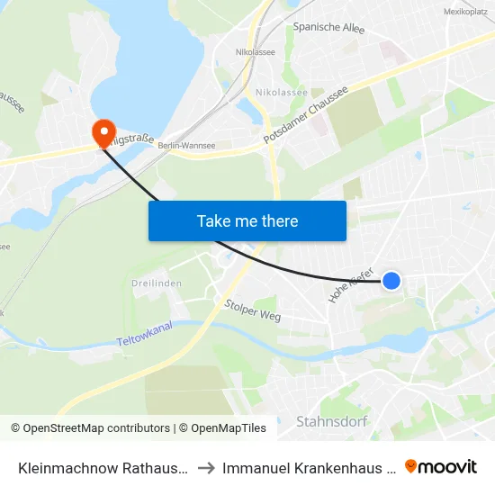 Kleinmachnow Rathausmarkt to Immanuel Krankenhaus Berlin map