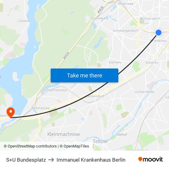 S+U Bundesplatz to Immanuel Krankenhaus Berlin map