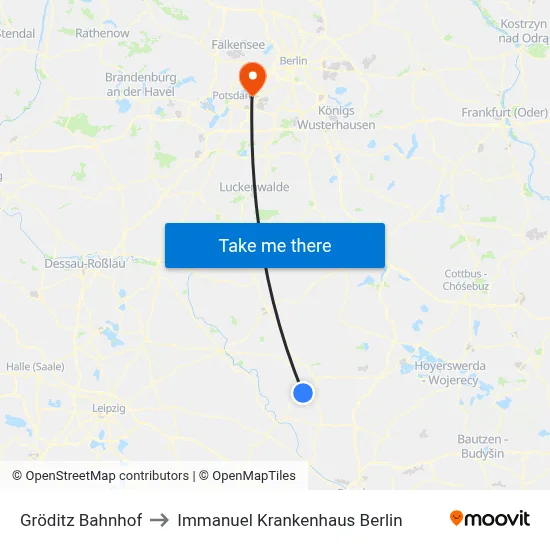 Gröditz Bahnhof to Immanuel Krankenhaus Berlin map