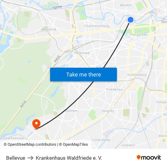 Bellevue to Krankenhaus Waldfriede e. V. map