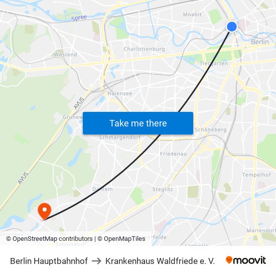 Berlin Hauptbahnhof to Krankenhaus Waldfriede e. V. map