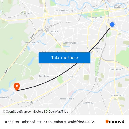 Anhalter Bahnhof to Krankenhaus Waldfriede e. V. map