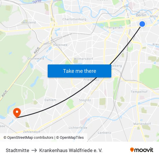 Stadtmitte to Krankenhaus Waldfriede e. V. map