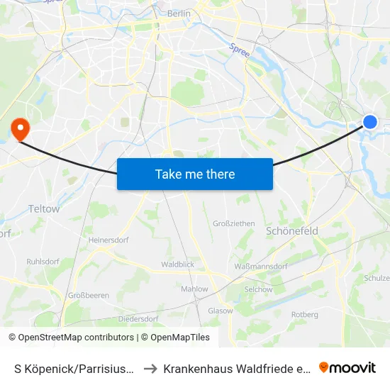 S Köpenick/Parrisiusstr. to Krankenhaus Waldfriede e. V. map