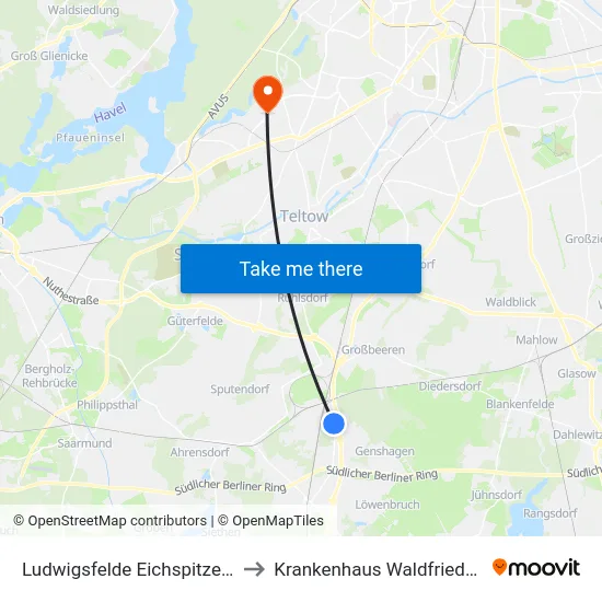 Ludwigsfelde Eichspitze Nord to Krankenhaus Waldfriede e. V. map