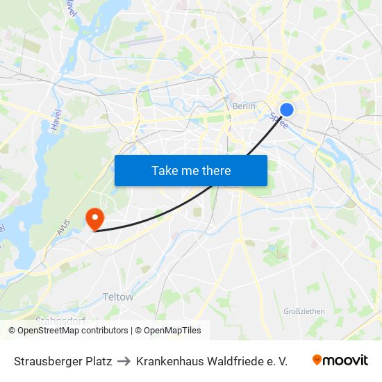 Strausberger Platz to Krankenhaus Waldfriede e. V. map