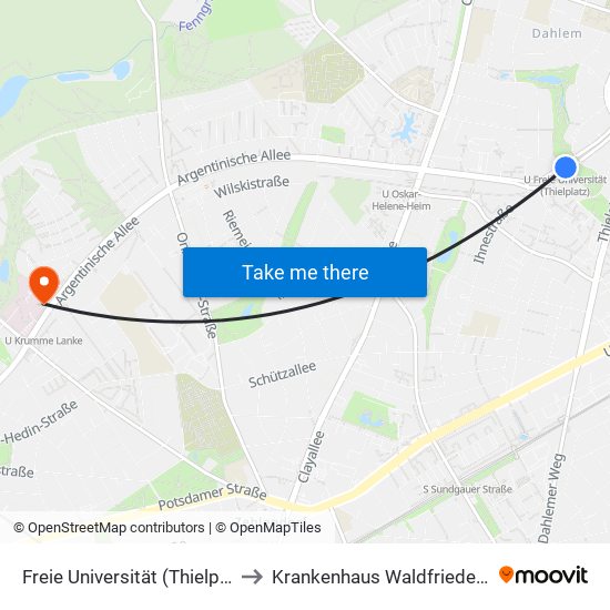 Freie Universität (Thielplatz) to Krankenhaus Waldfriede e. V. map