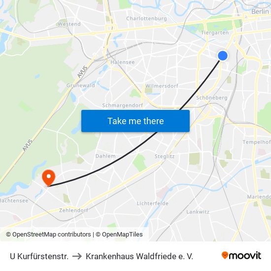 U Kurfürstenstr. to Krankenhaus Waldfriede e. V. map