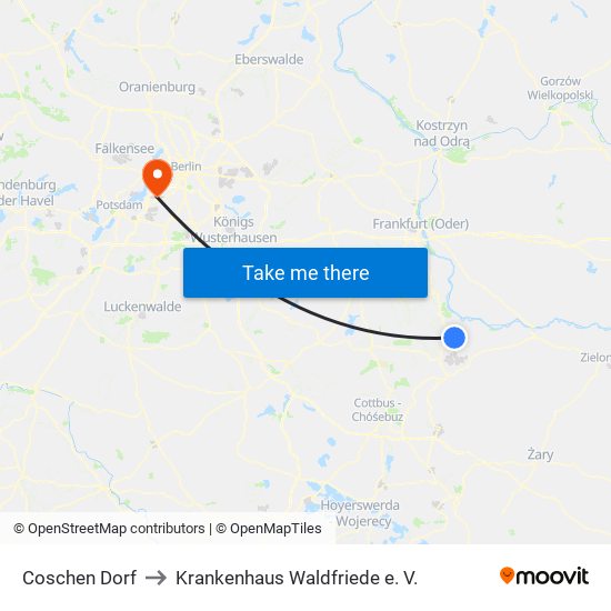 Coschen Dorf to Krankenhaus Waldfriede e. V. map