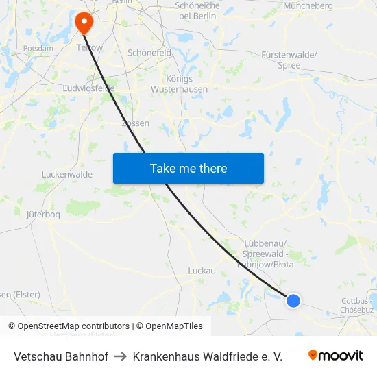 Vetschau Bahnhof to Krankenhaus Waldfriede e. V. map