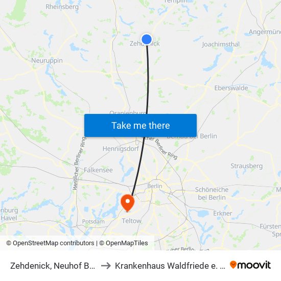 Zehdenick, Neuhof Bhf to Krankenhaus Waldfriede e. V. map