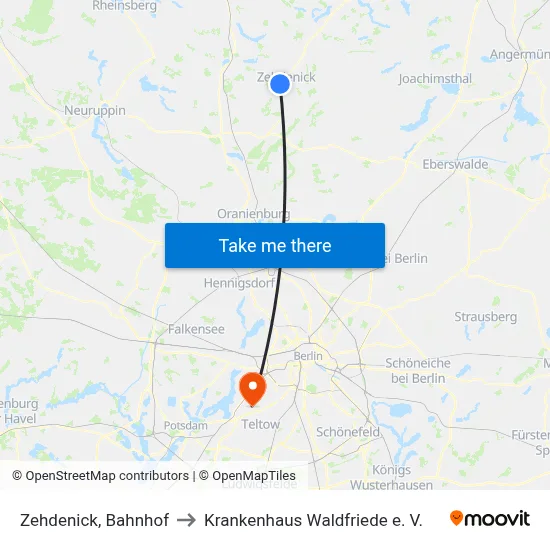 Zehdenick, Bahnhof to Krankenhaus Waldfriede e. V. map