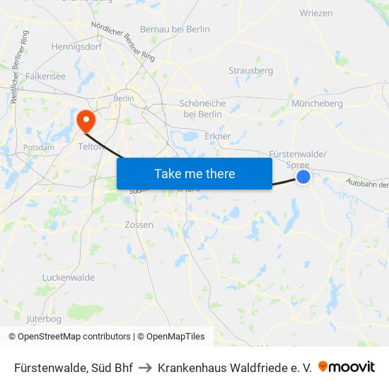 Fürstenwalde, Süd Bhf to Krankenhaus Waldfriede e. V. map