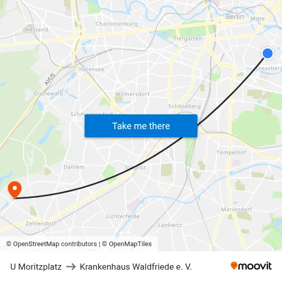 U Moritzplatz to Krankenhaus Waldfriede e. V. map