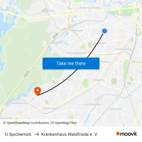 U Spichernstr. to Krankenhaus Waldfriede e. V. map