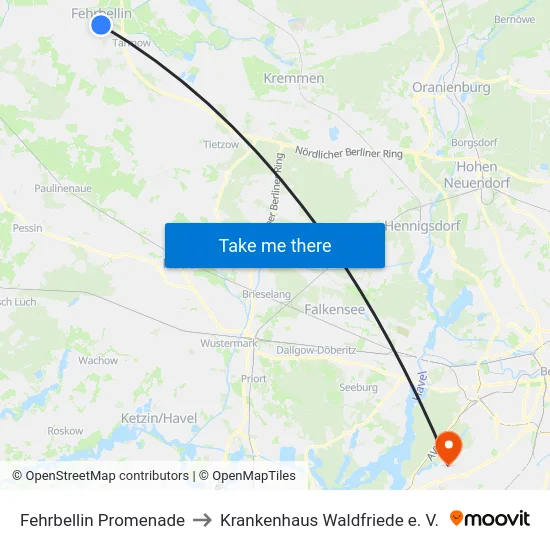 Fehrbellin Promenade to Krankenhaus Waldfriede e. V. map