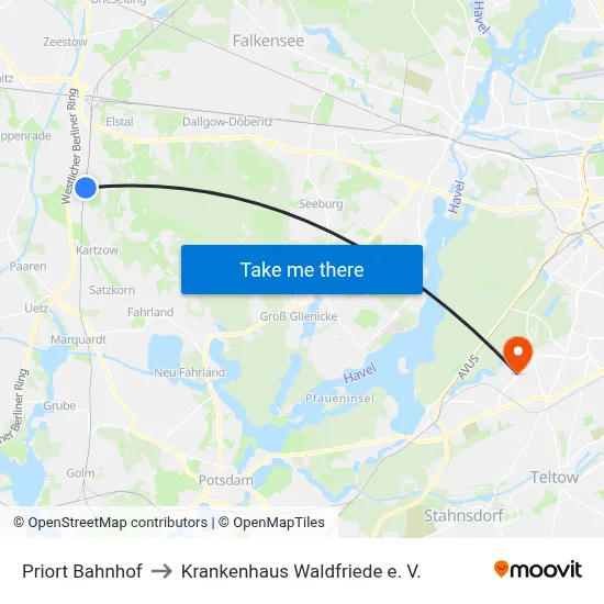 Priort Bahnhof to Krankenhaus Waldfriede e. V. map
