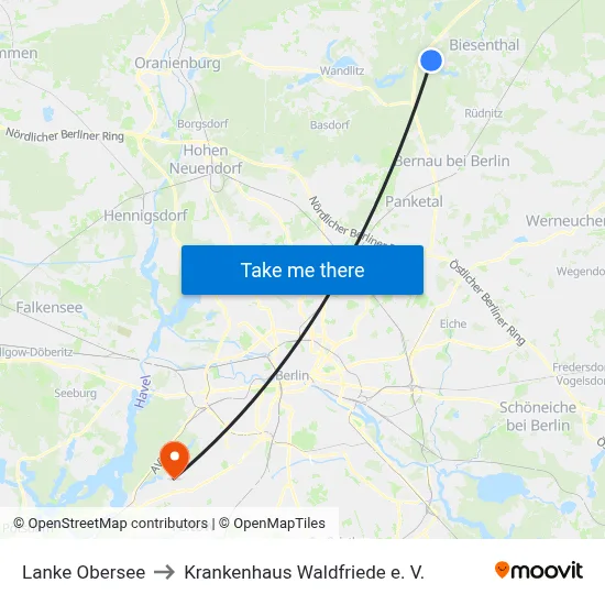 Lanke Obersee to Krankenhaus Waldfriede e. V. map