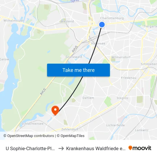 U Sophie-Charlotte-Platz to Krankenhaus Waldfriede e. V. map