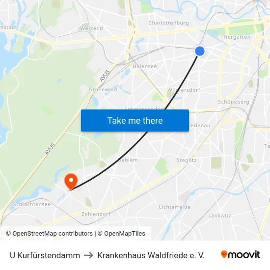 U Kurfürstendamm to Krankenhaus Waldfriede e. V. map