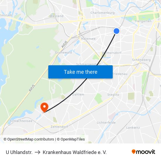 U Uhlandstr. to Krankenhaus Waldfriede e. V. map