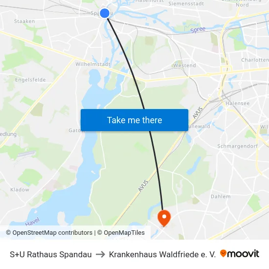 S+U Rathaus Spandau to Krankenhaus Waldfriede e. V. map