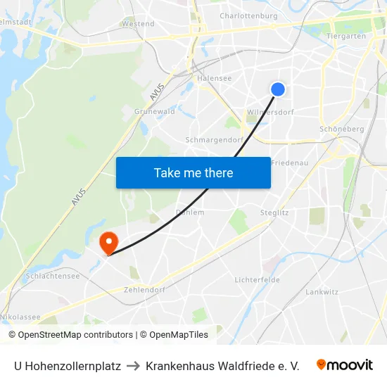 U Hohenzollernplatz to Krankenhaus Waldfriede e. V. map